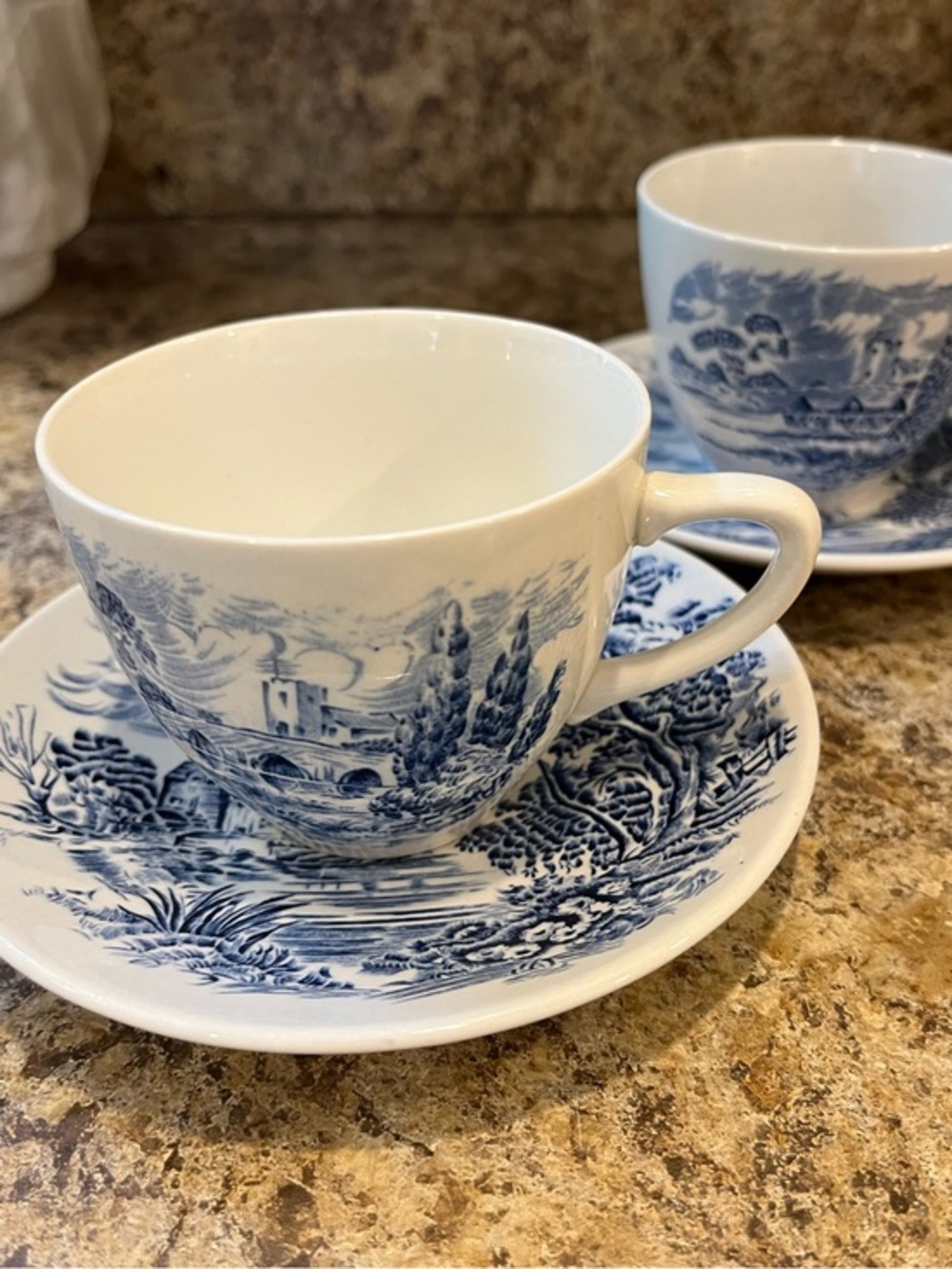 Wedgwood Countryside Teacups and Saucers Set of 2 Blue and White, England